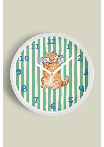 Kedi Tasarım Modern Çocuk Odası Duvar Saati - 25CM - Önü Camlı Beyaz Kasa - Sessiz Mekanizma