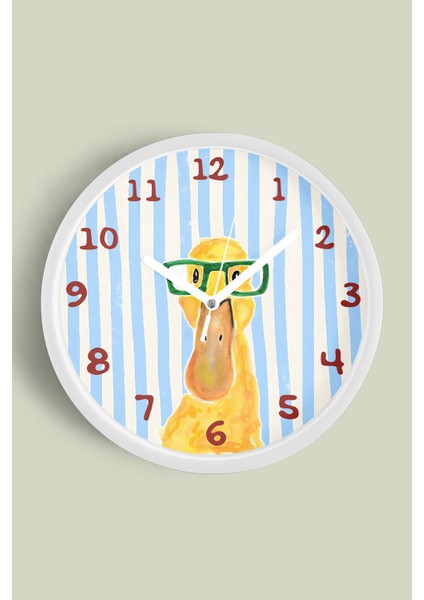 Gözlüklü Ördek Modern Çocuk Odası Duvar Saati - 25CM - Önü Camlı Beyaz Kasa - Sessiz Mekanizma