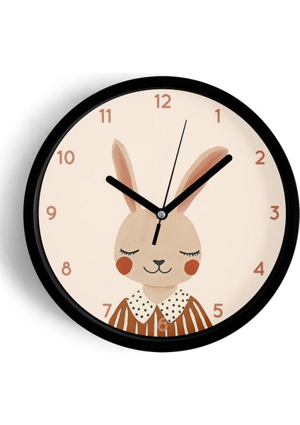 Sevimli Zarif Tavşan Çocuk Odası Modern Duvar Saati - 25CM - Önü Camlı Siyah Kasa - Sessiz Mekanizma