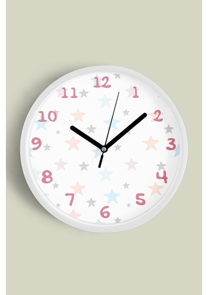Renkli Yıldızlar Çocuk Odası Duvar Saati - 25CM - Önü Camlı Beyaz Kasa - Sessiz Mekanizma
