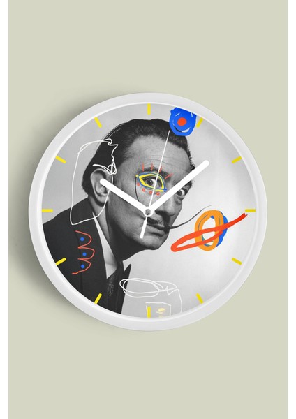 Modern Sanatçı Salvador Dali Portreli Modern Duvar Saati - 25CM - Önü Camlı Beyaz Kasa