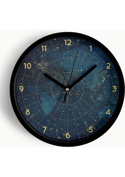 Kozmik Harita Yıldızlı Gece Saat Modern Duvar Saati - 25CM - Önü Camlı Siyah Kasa - Sessiz Mekanizma