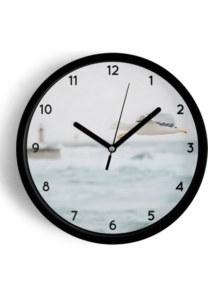 Soyut Doğa Martı Kuşu Manzara Temalı Modern Duvar Saati - 42CM - Önü Camlı Siyah Kasa