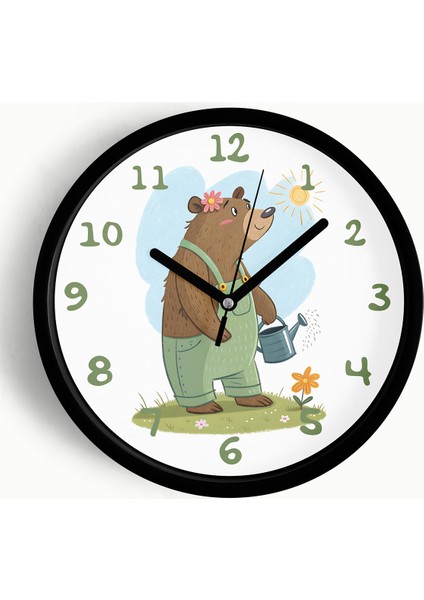 Sevimli Ayı Çocuk Odası Duvar Saati - 25CM - Önü Camlı Siyah Kasa - Sessiz Mekanizma