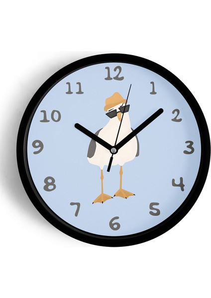 Güneş Gözlüklü Artist Martı Çocuk Odası Duvar Saati - 42CM - Önü Camlı Siyah Kasa - Sessiz Mekanizma