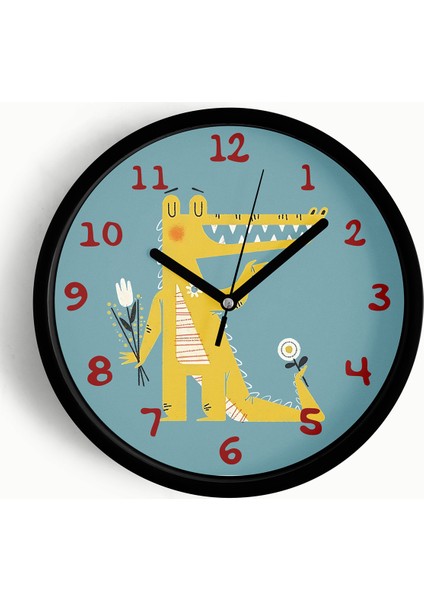 Sevimli Timsah Çocuk Odası Duvar Saati - 42CM - Önü Camlı Siyah Kasa - Sessiz Mekanizma