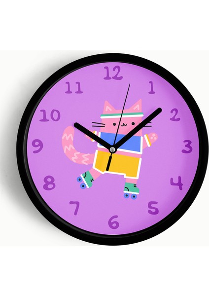 Paten Kayan Sevimli Kedi Çocuk Odası Duvar Saati - 25CM - Önü Camlı Siyah Kasa - Sessiz Mekanizma