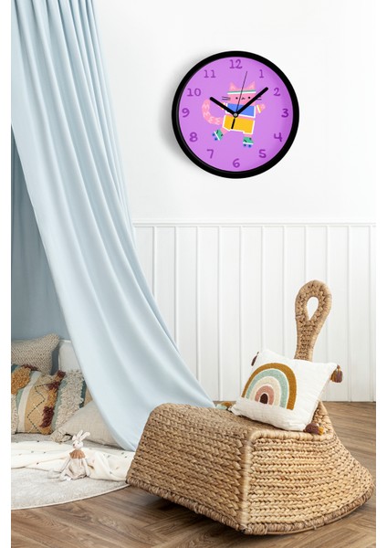Paten Kayan Sevimli Kedi Çocuk Odası Duvar Saati - 25CM - Önü Camlı Siyah Kasa - Sessiz Mekanizma fiyatları
