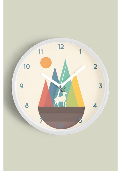 Soyut Geyik Modern Duvar Saati - 25CM - Önü Camlı Beyaz Kasa - Sessiz Mekanizma