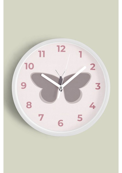 Kelebek Tasarım Çocuk Odası Duvar Saati - 25CM - Önü Camlı Beyaz Kasa - Sessiz Mekanizma
