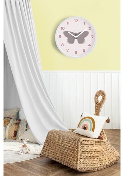 Kelebek Tasarım Çocuk Odası Duvar Saati - 25CM - Önü Camlı Beyaz Kasa - Sessiz Mekanizma fiyatları