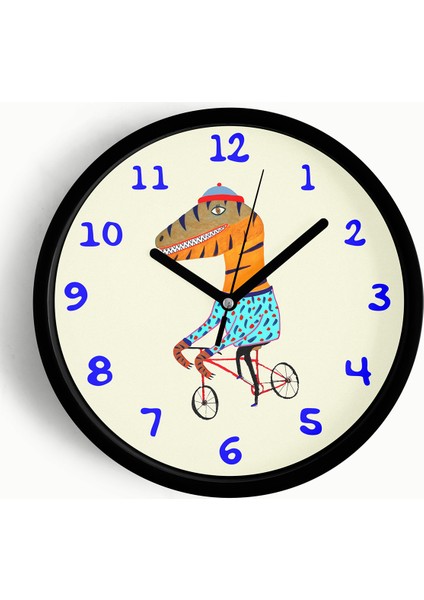 Bisiklet Süren Dinozor Çocuk Odası Duvar Saati - 25CM - Önü Camlı Siyah Kasa - Sessiz Mekanizma