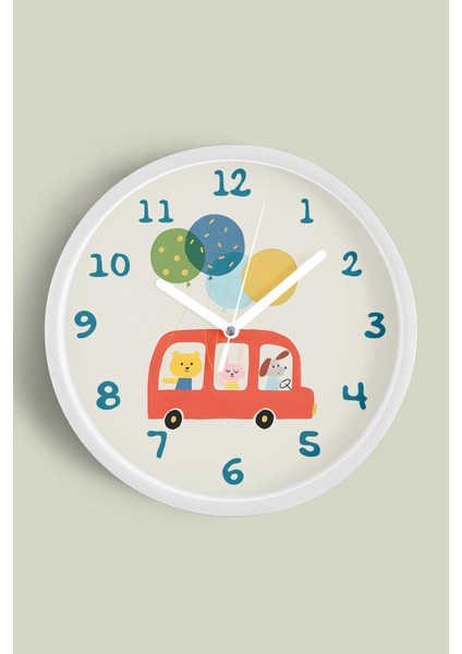Sevimli Hayvanlar Modern Tasarım Çocuk Odası Duvar Saati - 25CM - Önü Camlı Beyaz Kasa