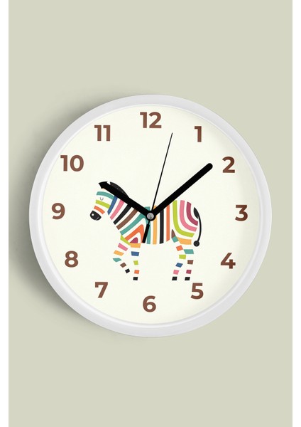Renkli Zebra Çocuk Odası Duvar Saati - 25CM - Önü Camlı Beyaz Kasa - Sessiz Mekanizma