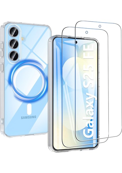 Samsung Galaxy S25 Fe Uyumlu Ekran Koruyuculu Kılıf Magsafe Sarj Destekli Sararmaz Şeffaf Kapak
