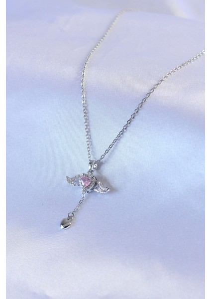 316L Çelik Gümüş Renk Kanatlı Kalp Figür Zirkon Taş Detay Kadın Kolye fiyatları