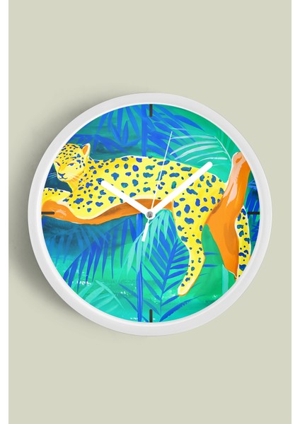 Tropikal Kaplan Temalı Modern Duvar Saati - 25CM - Önü Camlı Beyaz Kasa - Sessiz Mekanizma
