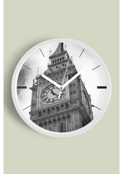 Saat Kulesi - Vintage Temalı Modern Duvar Saati - 25CM - Önü Camlı Beyaz Kasa - Sessiz Mekanizma