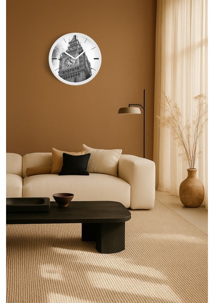 Saat Kulesi - Vintage Temalı Modern Duvar Saati - 25CM - Önü Camlı Beyaz Kasa - Sessiz Mekanizma fiyatları