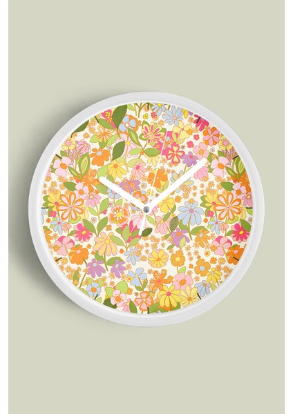 Soyut Renkli Çiçek Temalı Modern Duvar Saati - 25CM - Önü Camlı Beyaz Kasa - Sessiz Mekanizma