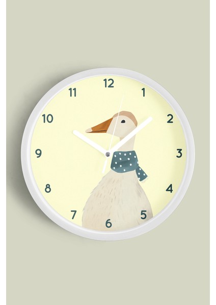 Sevimli Fularlı Kaz / Ördek Çocuk Odası Modern Duvar Saati - 25CM - Önü Camlı Beyaz Kasa
