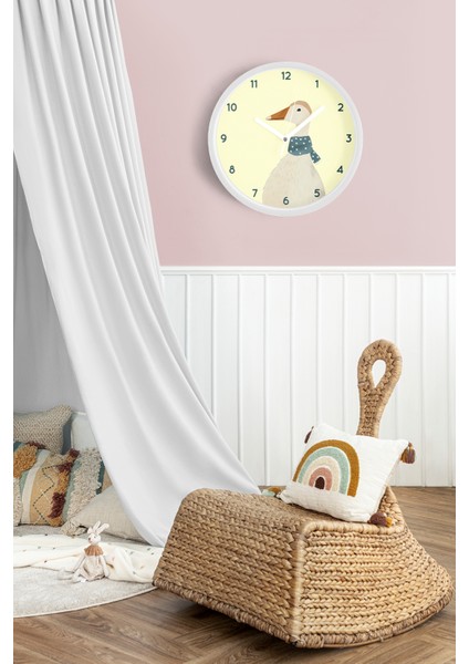 Sevimli Fularlı Kaz / Ördek Çocuk Odası Modern Duvar Saati - 25CM - Önü Camlı Beyaz Kasa fiyatları