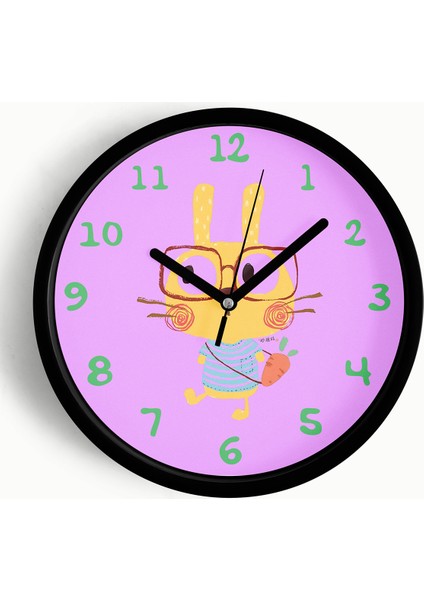 Sevimli Gözlüklü Tavşan Çocuk Odası Duvar Saati - 25CM - Önü Camlı Siyah Kasa - Sessiz Mekanizma
