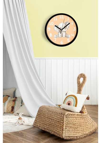 Sevimli Fil Temalı Çocuk Odası Modern Duvar Saati - 25CM - Önü Camlı Siyah Kasa - Sessiz Mekanizma fiyatları