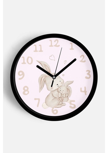 Sevimli Tavşan Temalı Çocuk Odası Modern Duvar Saati - 25CM - Önü Camlı Siyah Kasa