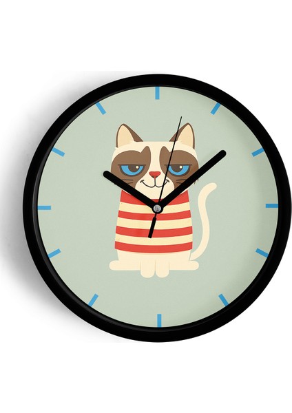 Kedi Tasarım Modern Duvar Saati - 25CM - Önü Camlı Siyah Kasa - Sessiz Mekanizma