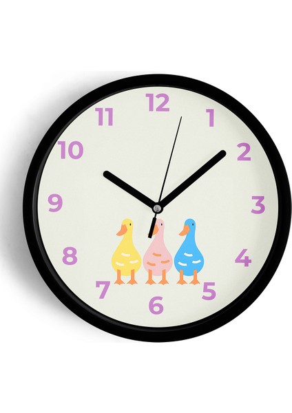 Renkli Kaz / Ördek Çocuk Odası Duvar Saati - 42CM - Önü Camlı Siyah Kasa - Sessiz Mekanizma