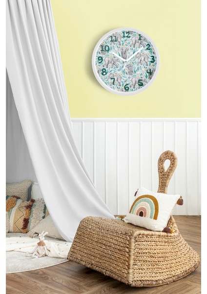 Sevimli Fil Temalı Çocuk Odası Modern Duvar Saati - 25CM - Önü Camlı Beyaz Kasa - Sessiz Mekanizma fiyatları