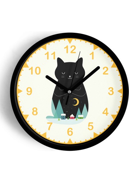 Sevimli Kedi Temalı Modern Duvar Saati - 25CM - Önü Camlı Siyah Kasa - Sessiz Mekanizma