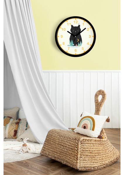 Sevimli Kedi Temalı Modern Duvar Saati - 25CM - Önü Camlı Siyah Kasa - Sessiz Mekanizma fiyatları