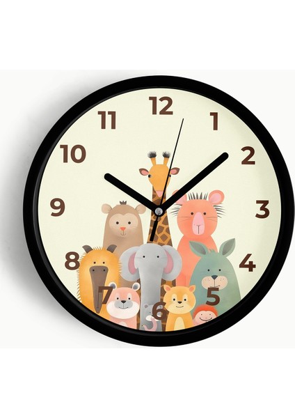Sevimli Hayvanlar Modern Tasarım Çocuk Odası Duvar Saati - 42CM - Önü Camlı Siyah Kasa