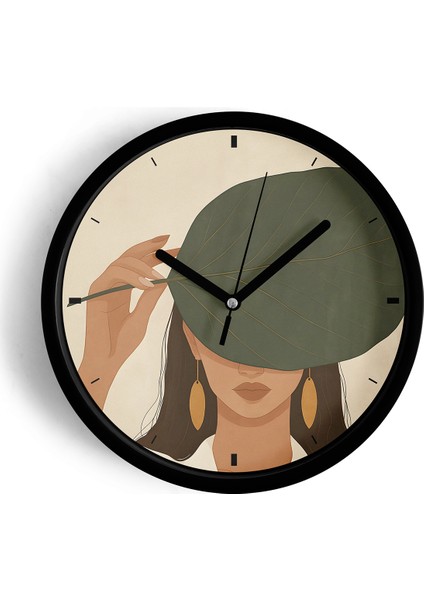 Sanatsal Kadın ve Yaprak Tasarımı Modern Duvar Saati - 25CM - Önü Camlı Siyah Kasa