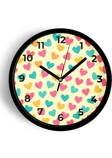 Kalp Detaylı Modern Tasarım Duvar Saati - 25CM - Önü Camlı Siyah Kasa - Sessiz Mekanizma