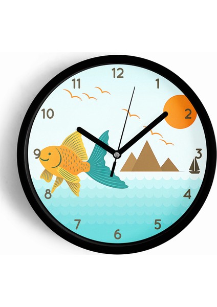 Sevimli Balık Tasarımı Çocuk Odası Duvar Saati - 25CM - Önü Camlı Siyah Kasa - Sessiz Mekanizma