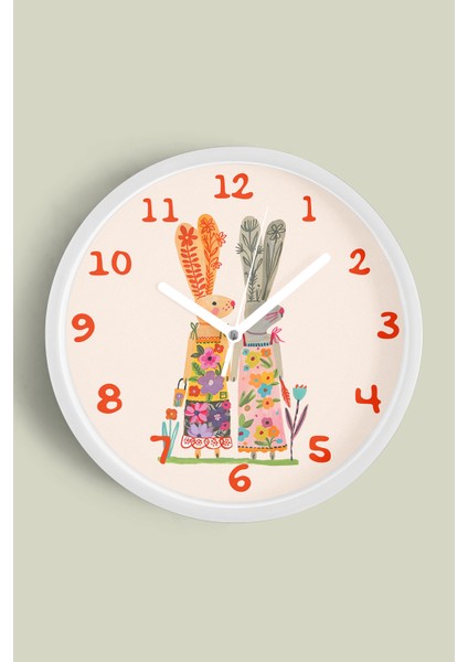 Sevimli Tavşanlar Çocuk Odası Duvar Saati - 25CM - Önü Camlı Beyaz Kasa - Sessiz Mekanizma