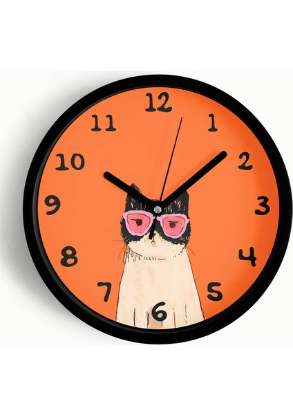 Kedi Tasarım Modern Duvar Saati - Çocuk Odası Duvar Saati - 25CM - Önü Camlı Siyah Kasa