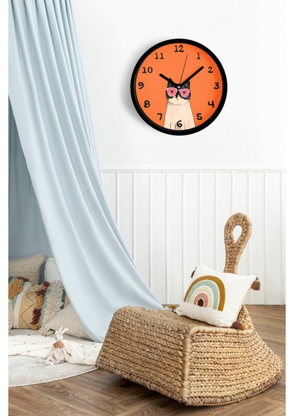 Kedi Tasarım Modern Duvar Saati - Çocuk Odası Duvar Saati - 25CM - Önü Camlı Siyah Kasa fiyatları