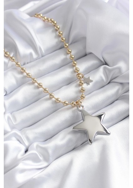 Pirinç Gold Renk Topçuk Zincir Gümüş 3D Yıldız Model Yıldız Detay Vip Kadın Kolye fiyatları