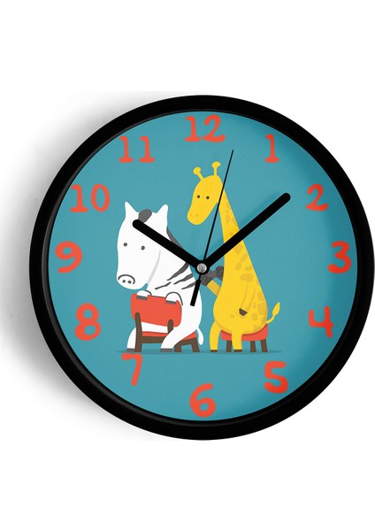 Zebra - Zürafa Çocuk Odası Modern Duvar Saati - 25CM - Önü Camlı Siyah Kasa - Sessiz Mekanizma