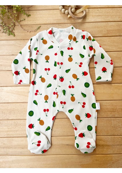 Mammaso Meyve Desenli %100 Pamuk Ribana Dokulu Çıtçıtlı Uzun Kollu Fitilli Bebek Tulum