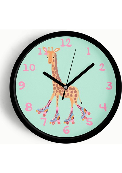 Paten Kayan Sevimli Zürafa Çocuk Odası Duvar Saati - 25CM - Önü Camlı Siyah Kasa - Sessiz Mekanizma