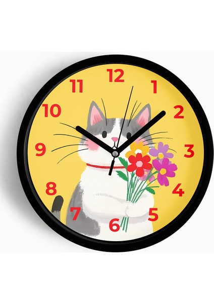 Sevimli Kedi Çocuk Odası Duvar Saati - 25CM - Önü Camlı Siyah Kasa - Sessiz Mekanizma