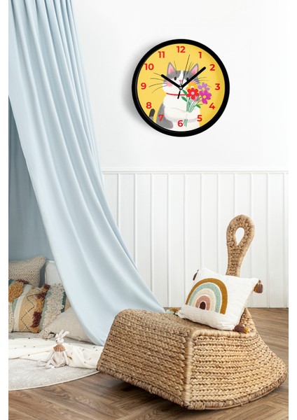 Sevimli Kedi Çocuk Odası Duvar Saati - 25CM - Önü Camlı Siyah Kasa - Sessiz Mekanizma fiyatları