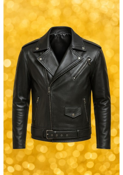 Erkek Hakiki Kuzu Deri Ceket Fermurlı Kemerli Mont