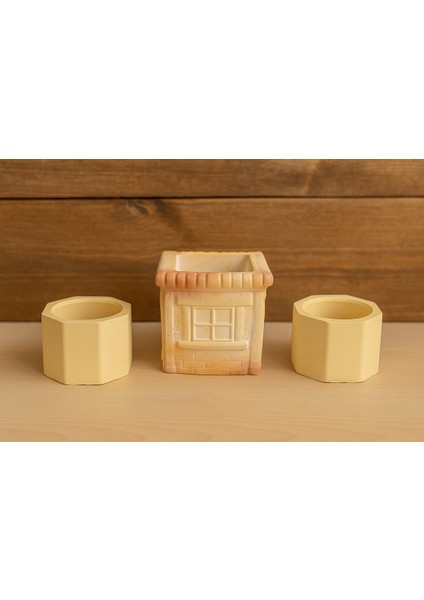 3'lü El Yapımı Sukulent Saksı Seti - Handmade Taş Tozu Kale Tasarım Kalemlik Mumluk Dekoratif Biblo