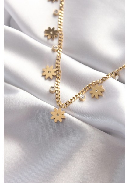 316L Çelik Taşlı Gold Renk Çoklu Çiçek Kolye fiyatları